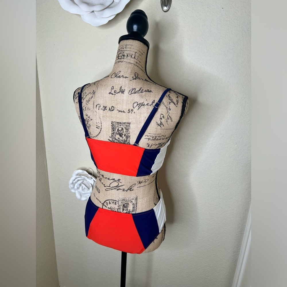 Cupshe Colorblock Bikini Set Orange Blue White Mid Rise Swim Size M - Picture 12 of 16